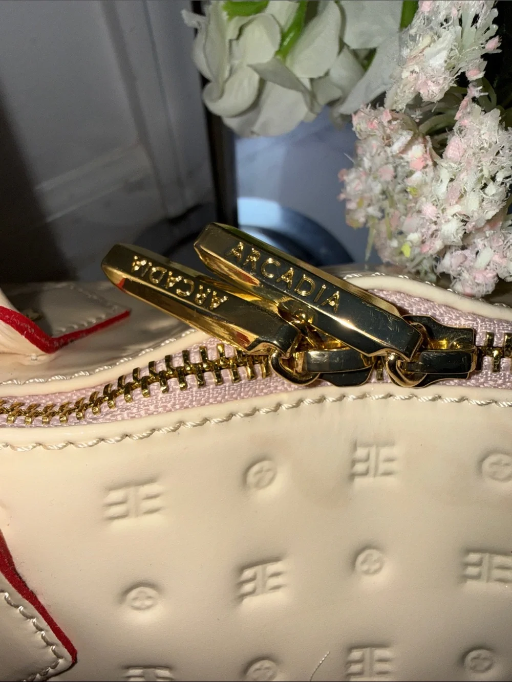 Arcadia Cream Patent Satchel with Red Trim